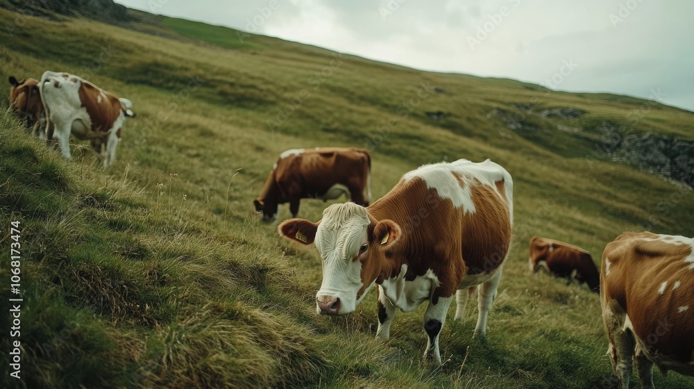 Cattle Grazing Peacefully on Green Hillside Cattle Grazing Peacefully on Green Hillside
