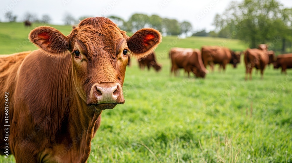 Cattle Grazing Peacefully on Green Hillside Cattle Grazing Peacefully on Green Hillside
