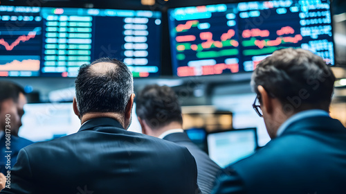 Wide shot of a trading floor with numerous screens showing real-time financial data, traders closely monitoring and analyzing the stock market in a fast-paced environment 