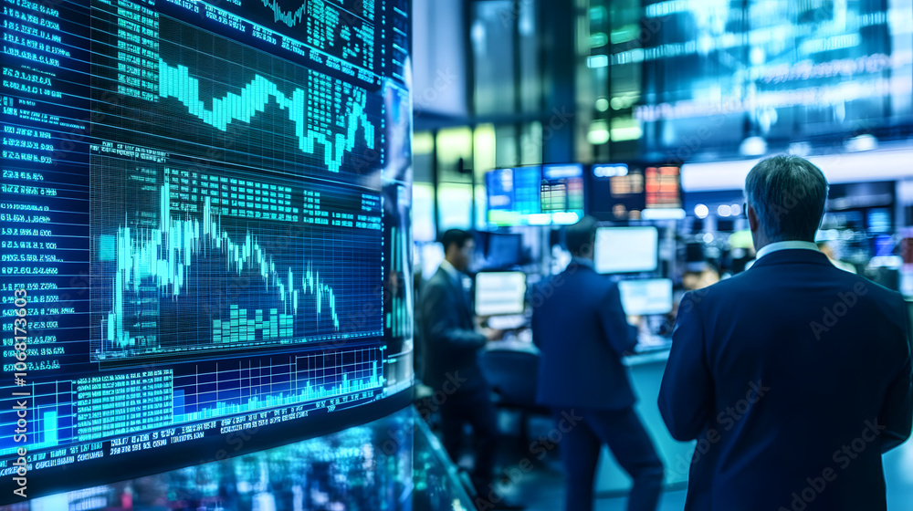 Wide shot of a trading floor with numerous screens showing real-time financial data, traders closely monitoring and analyzing the stock market in a fast-paced environment
Wide shot of a trading floor with numerous screens showing real-time financial data, traders closely monitoring and analyzing the stock market in a fast-paced environment