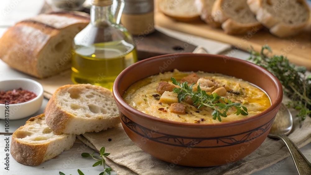 Açorda bread soup with herbs and olive oil on rustic table Açorda bread soup with herbs and olive oil on rustic table