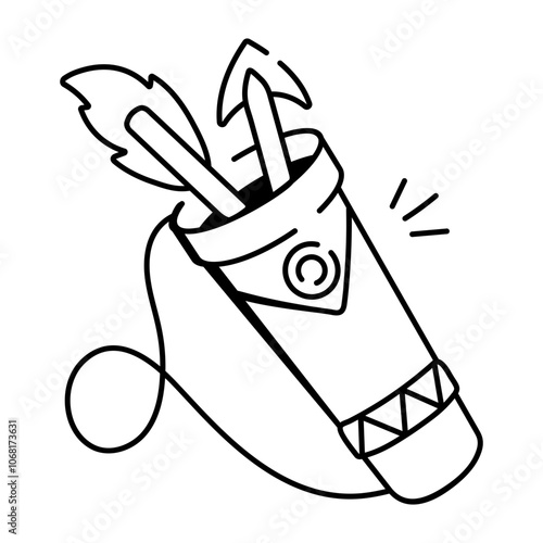 A doodle icon of a quiver with arrows and feathers

