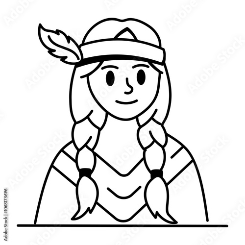 A doodle icon of a tribal girl with a headdress and braids
