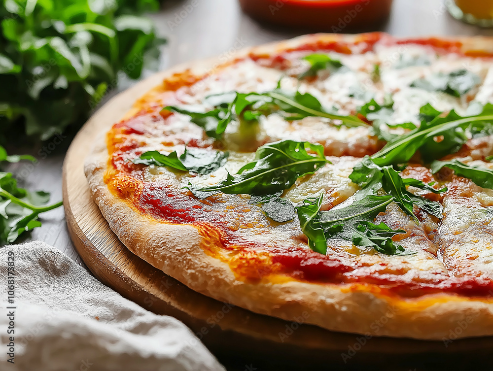 Close-up of a fresh pizza topped with green arugula and basil leaves on a wooden table. The image captures the delicious, homemade feel, ideal for culinary or food-related concepts. Close-up of a fresh pizza topped with green arugula and basil leaves on a wooden table. The image captures the delicious, homemade feel, ideal for culinary or food-related concepts.