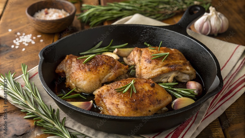 Baked chicken thighs with rosemary and garlic in skillet Baked chicken thighs with rosemary and garlic in skillet