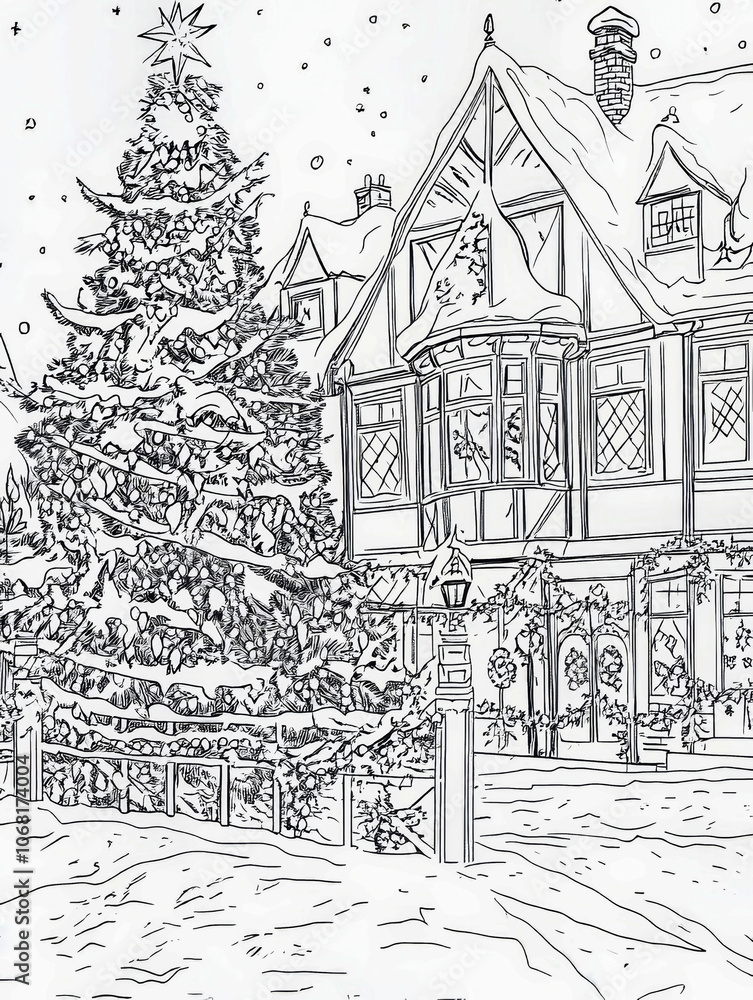 Obraz premium Sketchfor a coloring book, cozy Christmas English house at nighttime, with a lot of lighting candles and lights,