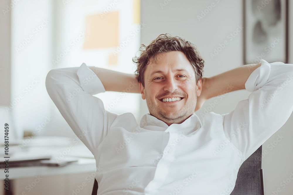 Happy businessman relaxing in his office chair with hands behind his head, expressing a sense of achievement and satisfaction. Comfortable workspace with copy space. Happy businessman relaxing in his office chair with hands behind his head, expressing a sense of achievement and satisfaction. Comfortable workspace with copy space.