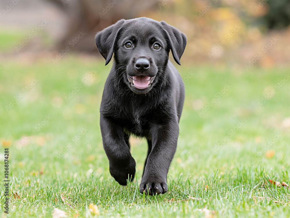 Adorable black Labrador puppy standing on a green lawn, looking directly at the camera with a joyful expression. The scene is bright, highlighting the puppy's playful nature. Adorable black Labrador puppy standing on a green lawn, looking directly at the camera with a joyful expression. The scene is bright, highlighting the puppy's playful nature.