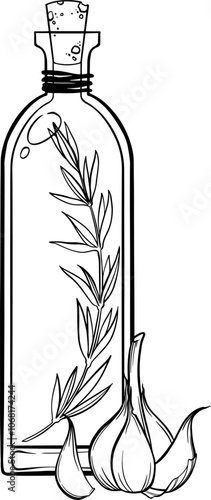 Monochrome composition of glass bootle with olive oil and garlic.