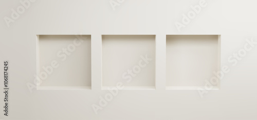 Empty square niche in white wall. Realistic 3d vector illustration of showcase interior shelf for goods display. Light gallery box stand or bookshelf mockup for product presentation and exposition.