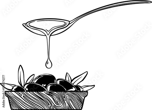 Monochrome composition of mug with olive fruits and spoon with oil.