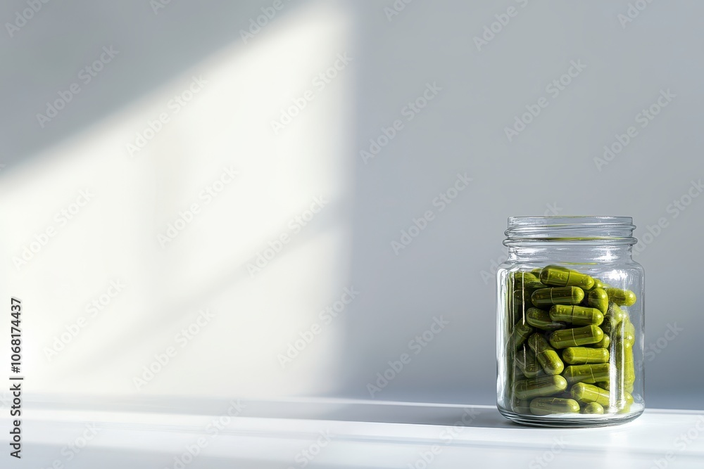 Green Capsules in Jar on Solid White Background Green Capsules in Jar on Solid White Background