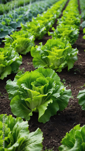 Rows of green lettuce growing in a well-kept vegetable garden photo