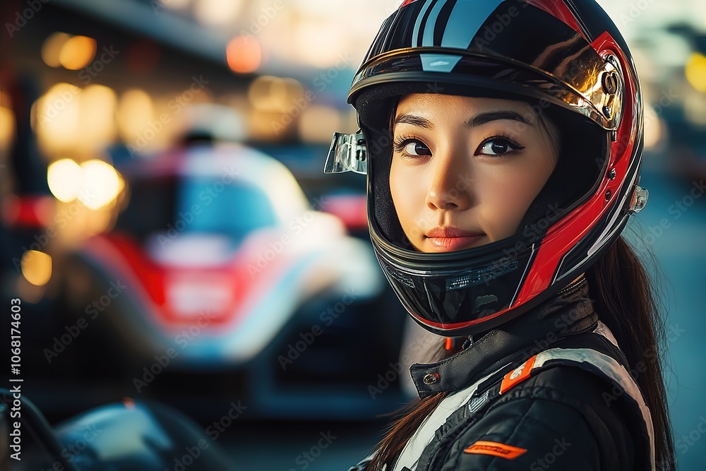 Close-up of a focused female racer with helmet. Close-up of a focused female racer with helmet.