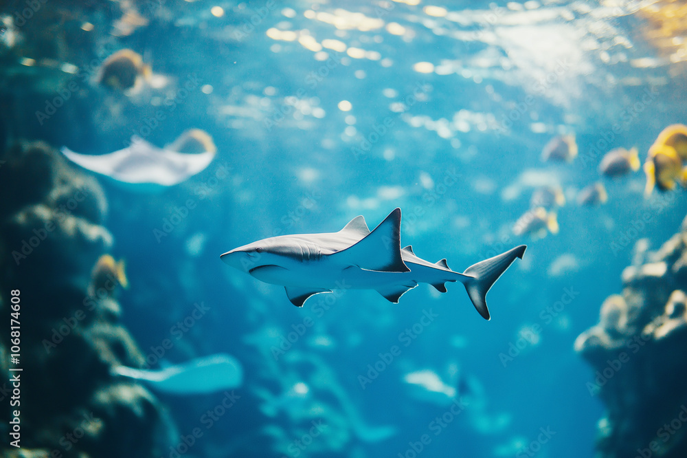 Fototapeta premium An underwater scene with sharks swimming in a vibrant blue ocean, evoking themes of marine life, adventure, and the natural underwater world.