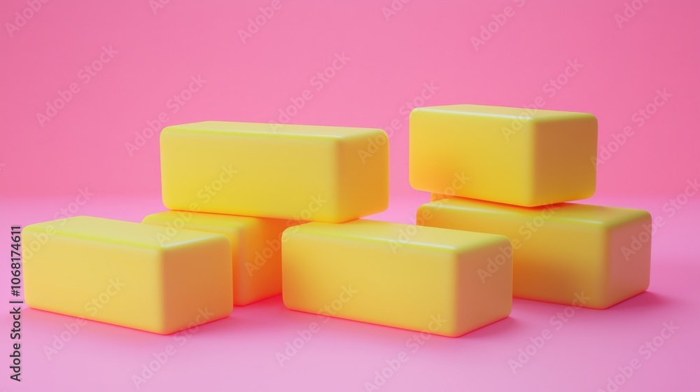A collection of six bright yellow blocks arranged on a pink background, showcasing a playful and vibrant aesthetic. A collection of six bright yellow blocks arranged on a pink background, showcasing a playful and vibrant aesthetic.