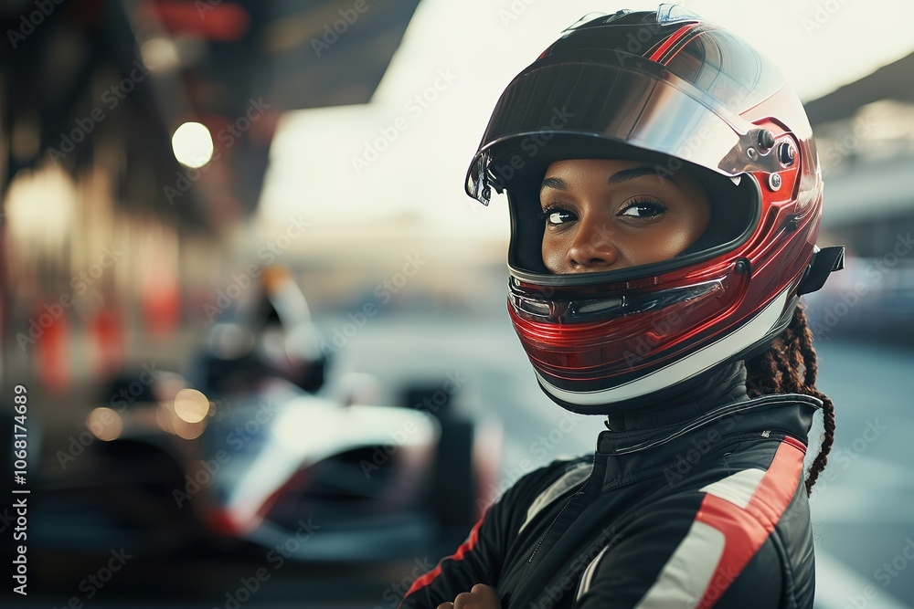 Confident female racer with helmet near race car Confident female racer with helmet near race car