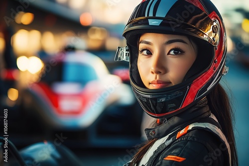 Close-up of a focused female racer with helmet.