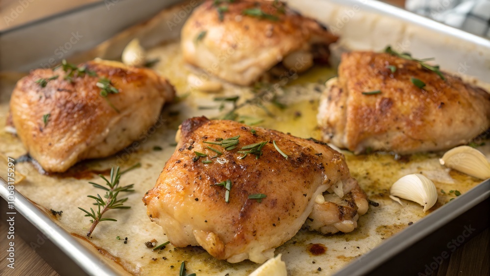 Baked chicken thighs with garlic and rosemary on baking sheet Baked chicken thighs with garlic and rosemary on baking sheet
