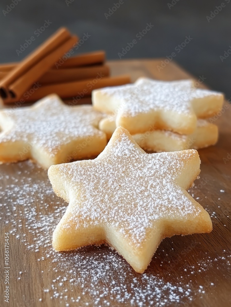 Festive Star-Shaped Sugar Cookies with Powdered Sugar and Cinnamon Sticks. Festive Star-Shaped Sugar Cookies with Powdered Sugar and Cinnamon Sticks.