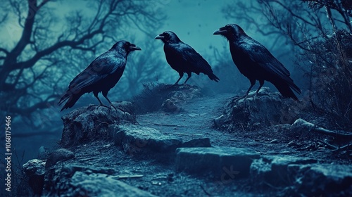 Dead cliff road on the dead mysterious forest with three crows on the night. Scary Halloween concept photo