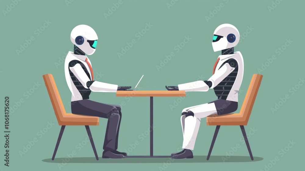 Two Robots Having a Job Interview in Futuristic Office Setting - AI and Automation Concept Illustration Two Robots Having a Job Interview in Futuristic Office Setting - AI and Automation Concept Illustration