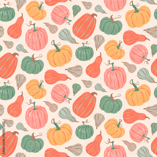 Seamless pattern of various bright pumpkins and gourds. Vector illustration in a retro style. Thanksgiving, harvest, autumn season fabric textile, packaging, wrapping paper, wallpaper design