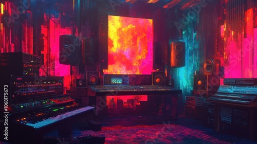 Wallpaper Mural A vibrant and colorful recording studio with a red and blue neon glow, with audio equipment, speakers, and a keyboard. Torontodigital.ca