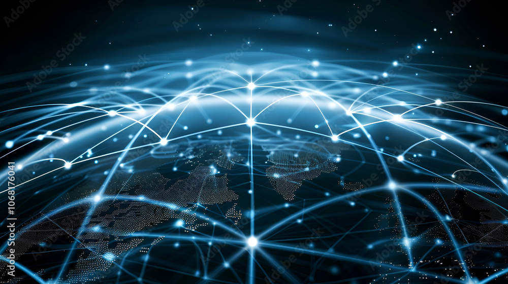 Obraz premium Network concept with global reach ,Blue futuristic background with planet Earth Internet and technology background
