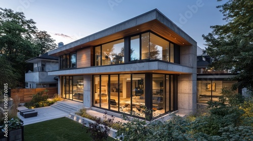 High-resolution evening view of a Toronto home with slate window frames and modern design.