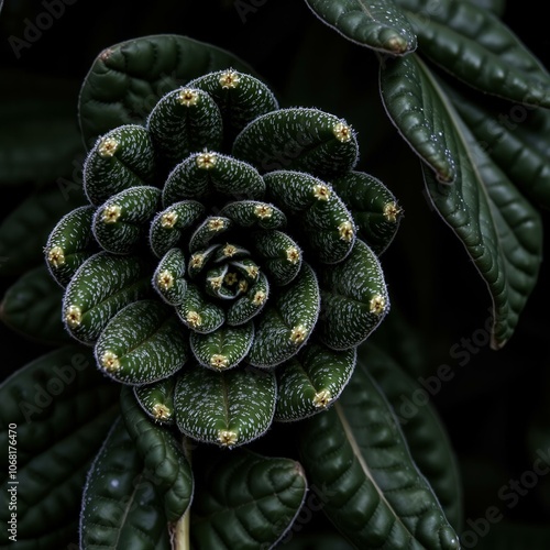 Exquisite Dark Green Pine Cone Amidst Lush Leaves, Perfect for Nature Lovers and Home Decor photo