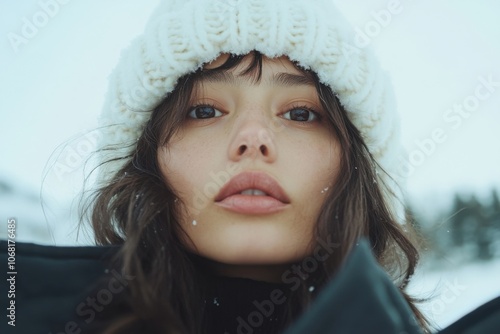 Young woman wearing winter clothes enjoying snowfall in a forest