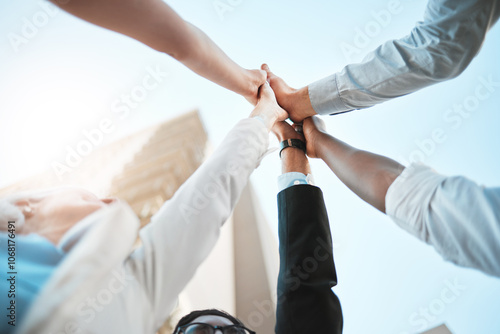 Quadro su tela Group of people, high five and solidarity in below for job opportunity, interview or onboarding