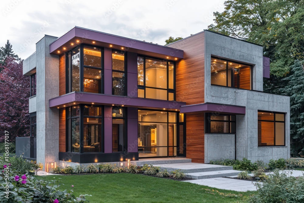 Evening view of a modern Toronto home with mauve window frames. Evening view of a modern Toronto home with mauve window frames.