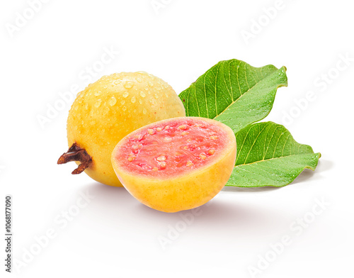 Ripe yellow guava fruit with a sliced piece with water drops isolated 