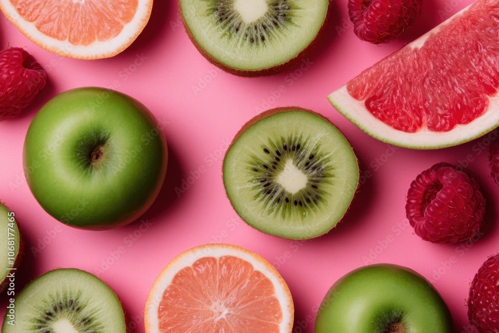 Fototapeta premium Fresh sliced fruits and berries creating vibrant and healthy pattern