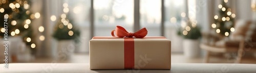 A brown box with a red ribbon sits on a table in front of a Christmas tree