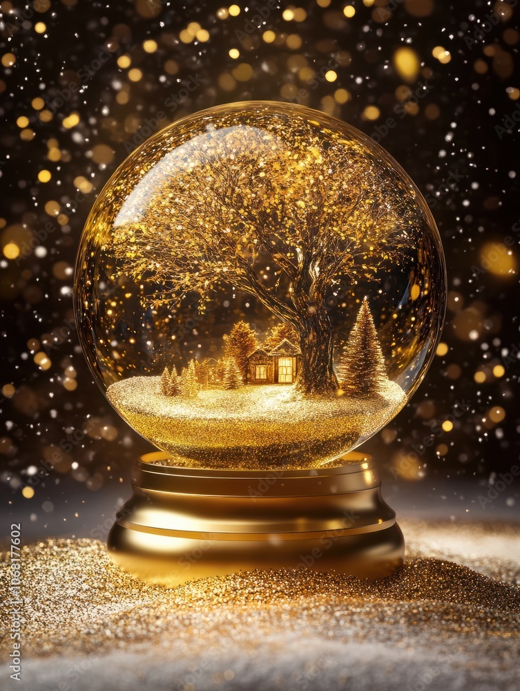 Golden snow globe with a festive scene inside, surrounded by gold glitter that swirls beautifully when shaken. 4K Golden snow globe with a festive scene inside, surrounded by gold glitter that swirls beautifully when shaken. 4K