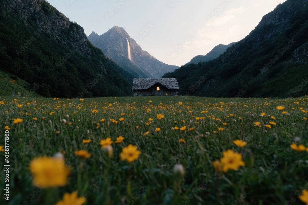 Fototapeta premium Stone hut stands in blooming meadow with waterfall and mountains in background
