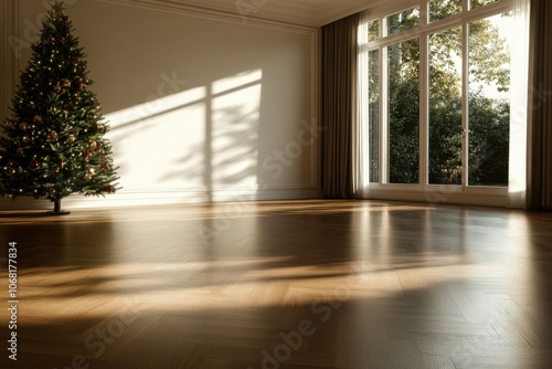 Christmas tree illuminating empty room with sunlight streaming through window