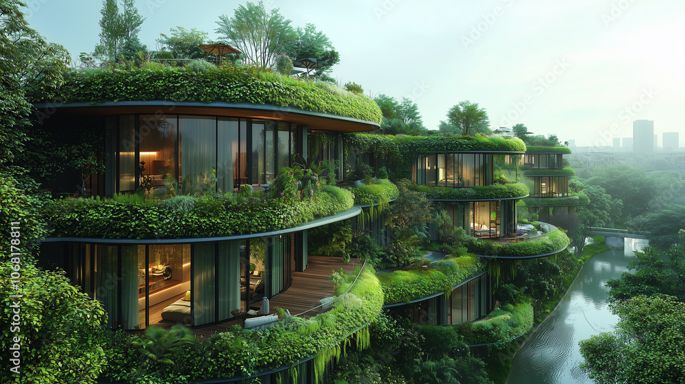Obraz premium Sustainable Green Building with Lush Plant-Covered Balconies in Modern Urban Setting..