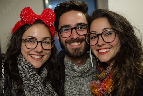 The office hosts a photo booth with New Year’s Eve props. Colleagues pose for fun and memorable pictures