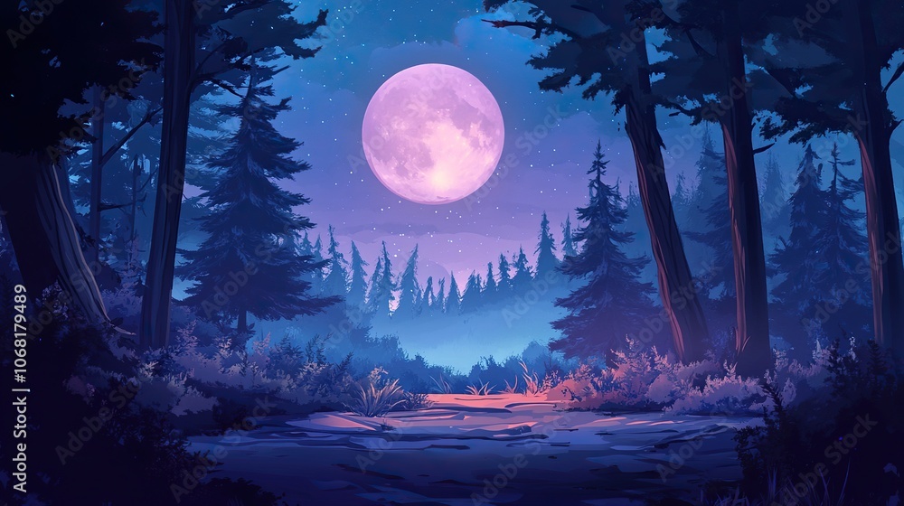Full moon through the spruce trees in magic mystery night forest. Halloween backdrop. Full moon through the spruce trees in magic mystery night forest. Halloween backdrop.