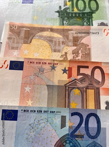 Close-up of Euro paper banknotes. Row of euro bills of different denominations on table. Money financial background. Flat lay, close-up, top view photo