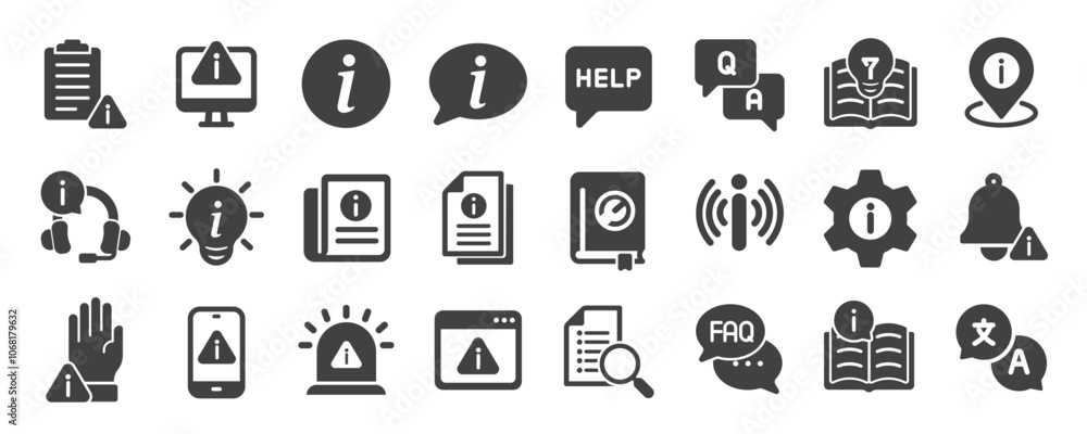 Information solid icons collection. Containing guide, instruction, manual, guidebook etc icons. For website marketing design, logo, app, template, ui, etc. Vector illustration. Information solid icons collection. Containing guide, instruction, manual, guidebook etc icons. For website marketing design, logo, app, template, ui, etc. Vector illustration.
