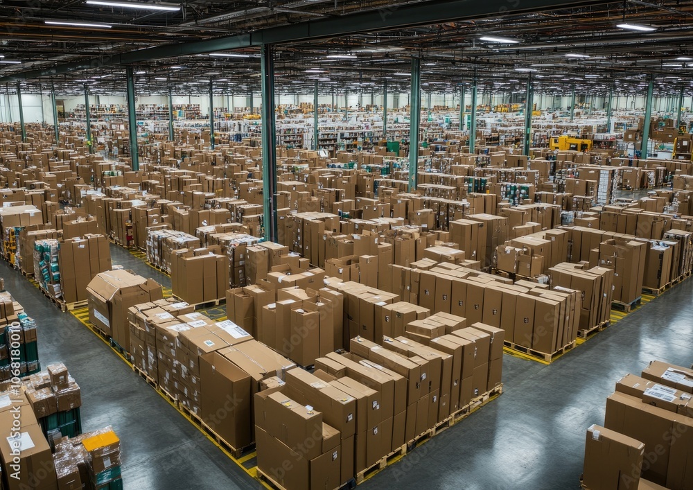 A warehouse filled with boxes and pallets A warehouse filled with boxes and pallets