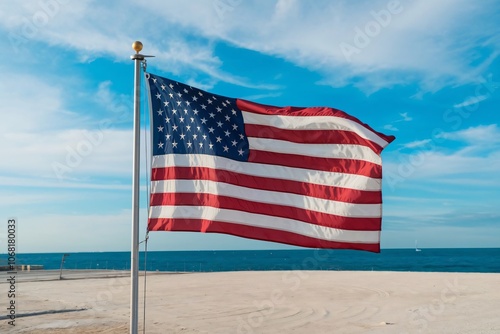 American flag waving on a sandy beach with a clear blue sky and ocean horizon. Symbol of patriotism and freedom by the sea.