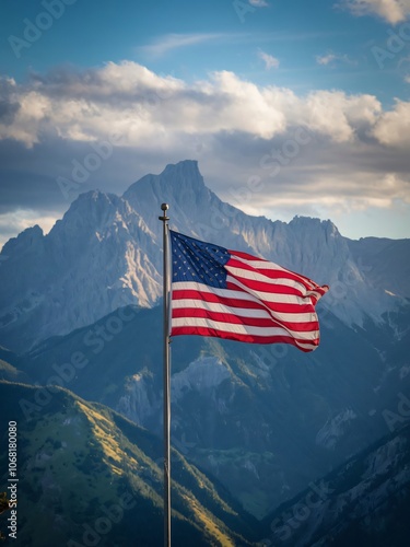 American flag waving in front of rugged mountain peaks with a dramatic sky. Symbol of national pride and patriotism in a mountainous landscape.