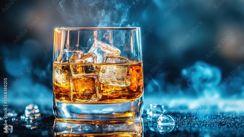 Glass whisky with ice cubes on a smoky black background Glass whisky with ice cubes on a smoky black background