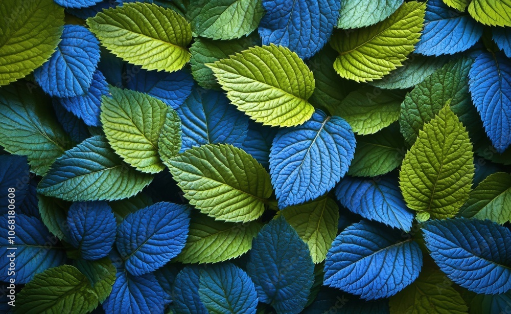 A close up of green and blue leaves, creating a beautiful abstract background.